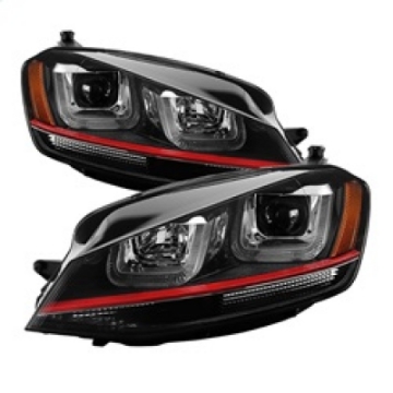 Picture of Spyder Volkswagen Golf VII 14-16 Projector Headlights DRL LED Red Stripe Blk PRO-YD-VG15-RED-DRL-BK