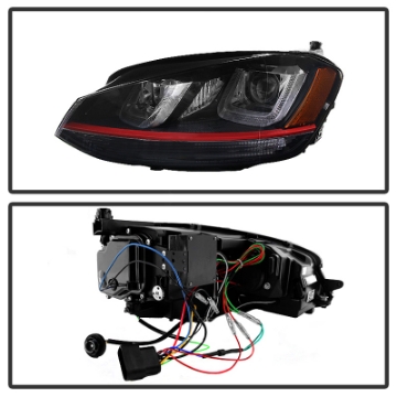 Picture of Spyder Volkswagen Golf VII 14-16 Projector Headlights DRL LED Red Stripe Blk PRO-YD-VG15-RED-DRL-BK