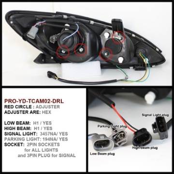 Picture of Spyder Toyota Camry 02-06 Projector Headlights DRL Black High H1 Low H1 PRO-YD-TCAM02-DRL-BK