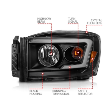 Picture of ANZO 06-09 Dodge RAM 1500-2500-3500 Headlights Black Housing-Clear Lens w-Switchback Light Bars