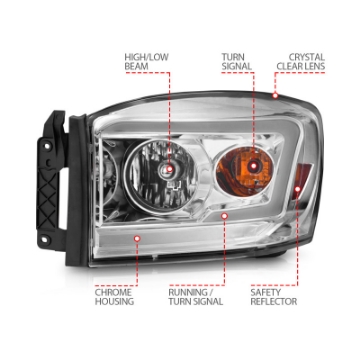 Picture of ANZO 06-09 Dodge RAM 1500-2500-3500 Headlights Chrome Housing-Clear Lens w- Light Bars