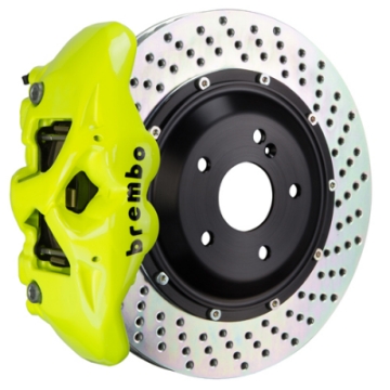 Picture of Brembo 19-22 A-Class Excl AMG Fr GT BBK 6Pis Cast 380x34 2pc Rotor Drilled-Fluo- Yellow