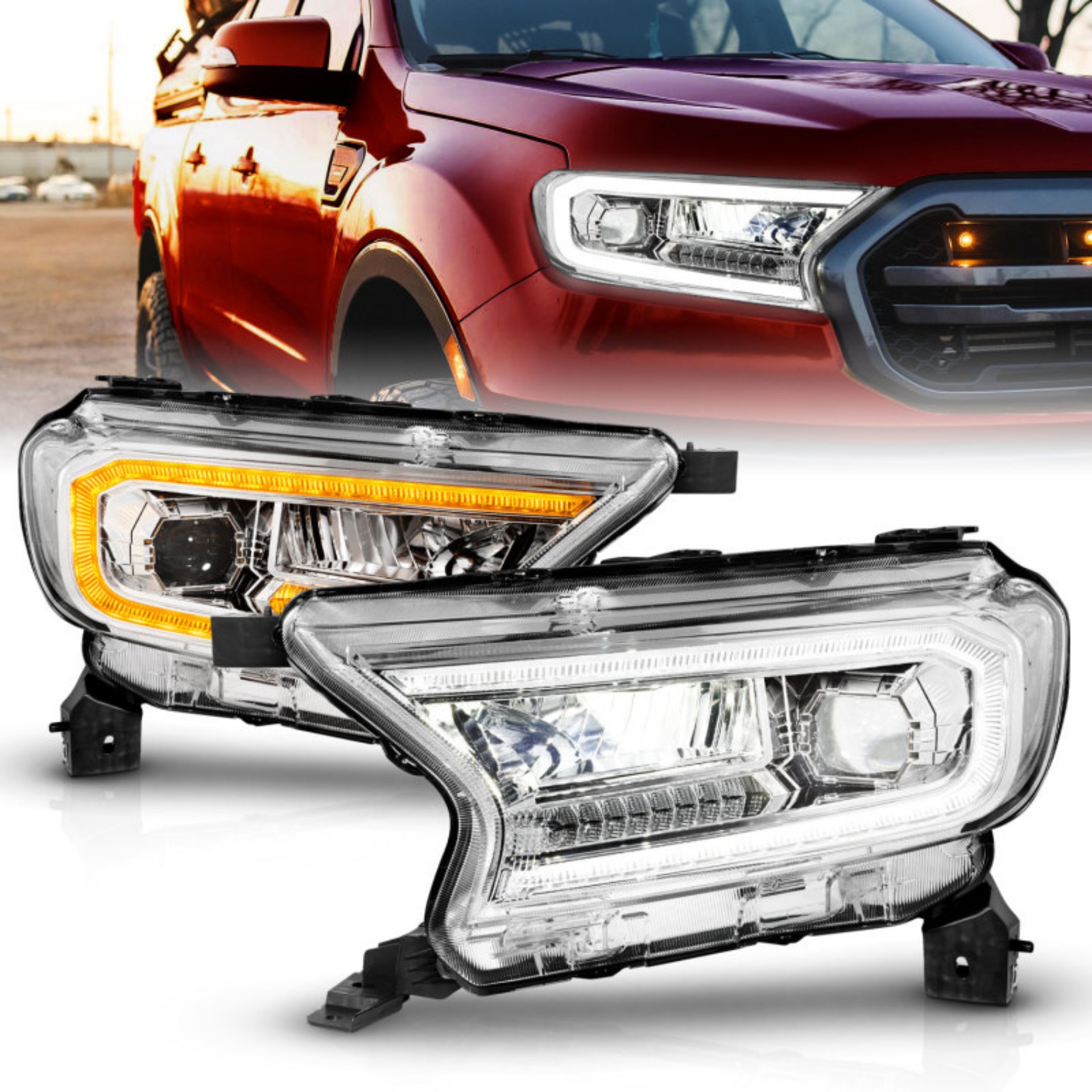 Picture of ANZO 19-23 Ford Ranger Full LED Projector Headlights w- Initiation & Sequential - Chrome