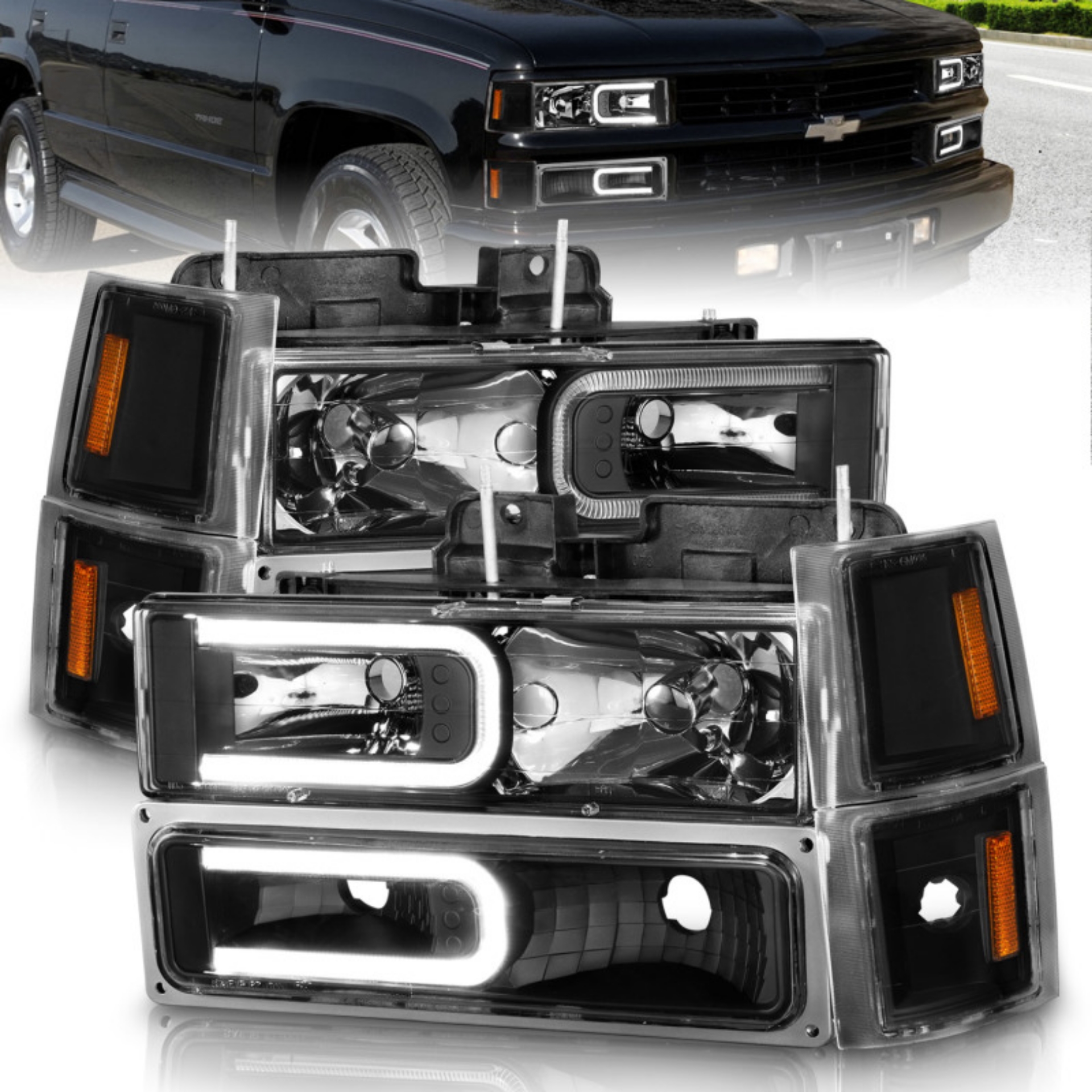 Picture of ANZO 88-98 Chevrolet C1500 Crystal Headlights w- Light Bar Black Housing w- Signal Side Markers 8Pcs