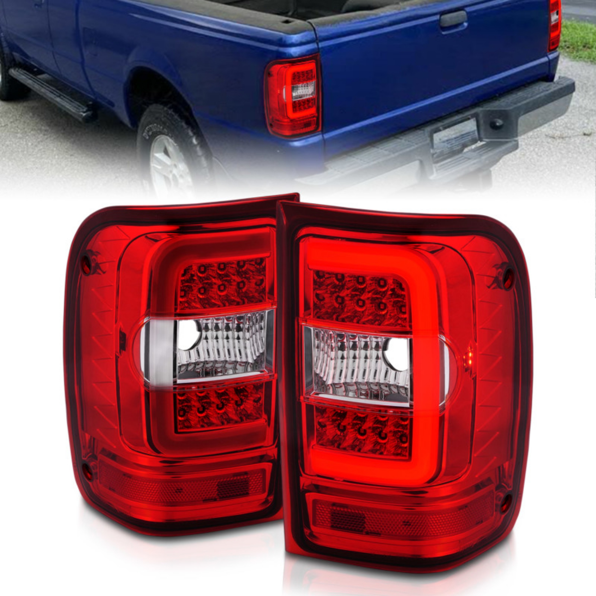 Picture of ANZO 2001-2011 Ford  Ranger LED Tail Lights w- Light Bar Chrome Housing Red-Clear Lens