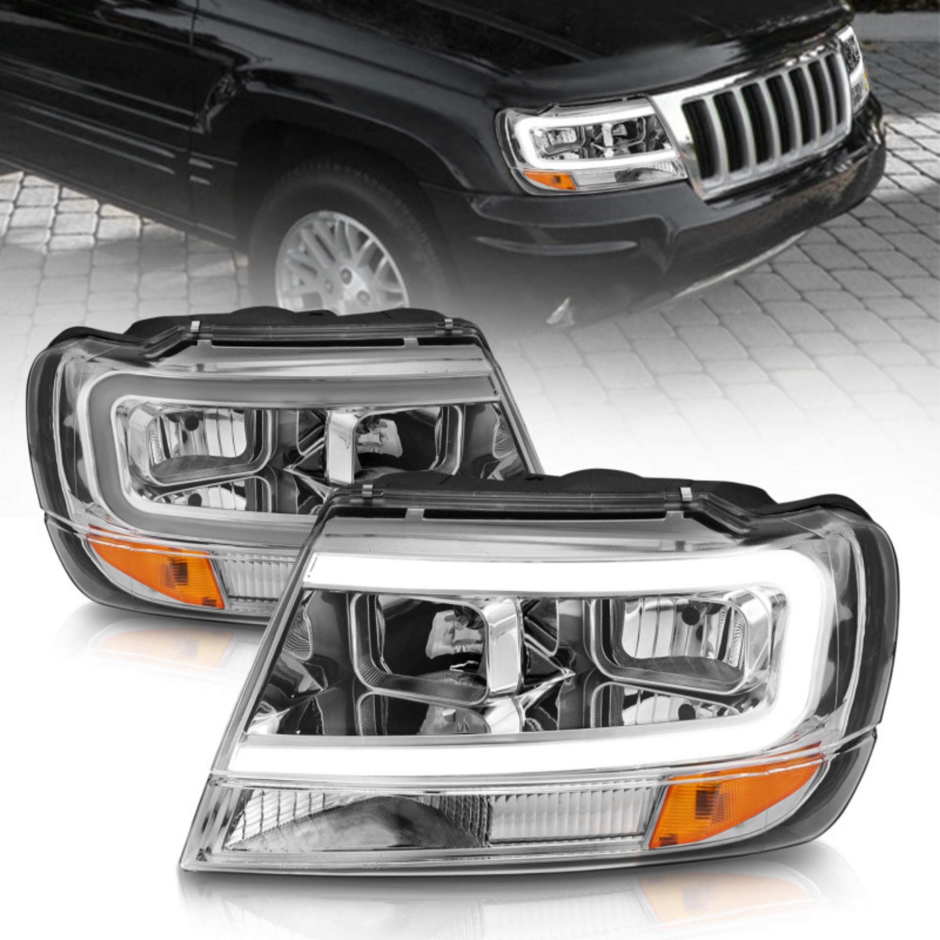 Picture of ANZO 1999-2004 Jeep Grand Cherokee Crystal Headlights w- Light Bar Chrome Housing