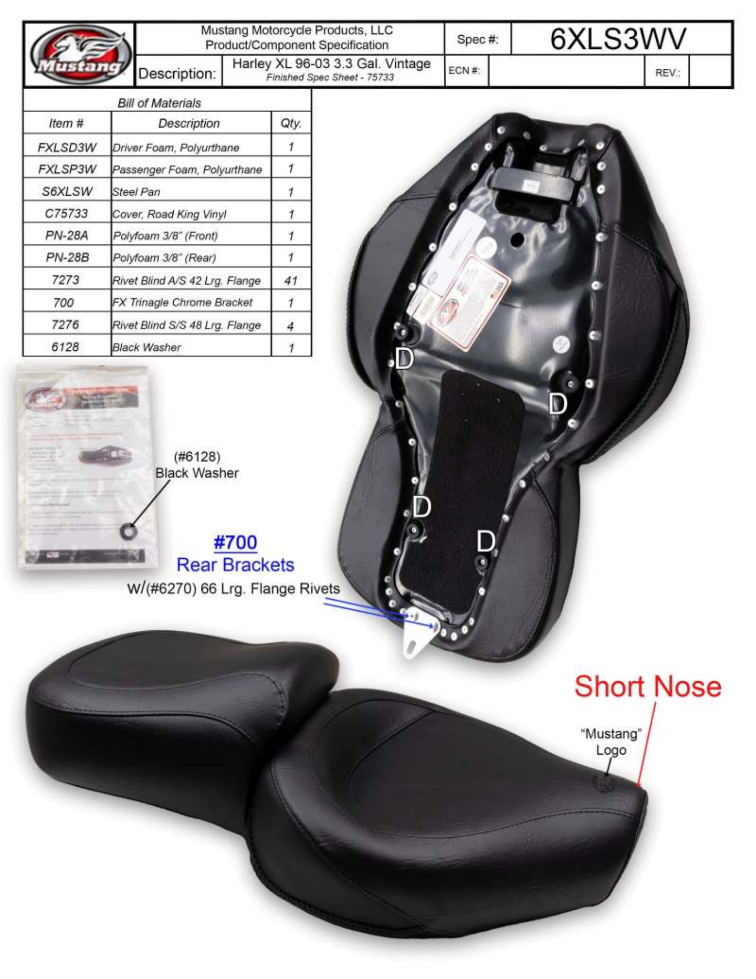 Picture of Mustang 96-03 Harley Sportster 3-3 Gal Vintage Touring-XIS 1PC Seat - Blackl