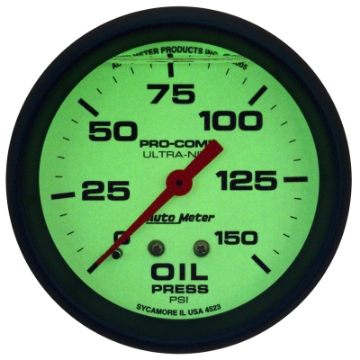 Picture of Autometer Ultra-Nite 2-5-8in 0-150 PSI Liquid Filled Mechanical Glow In Dark Oil Pressure Gauge