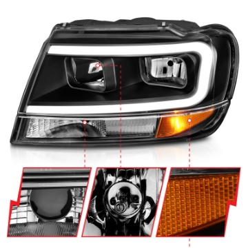 Picture of ANZO 99-04 Jeep Grand Cherokee Crystal Headlights - w- Light Bar Black Housing