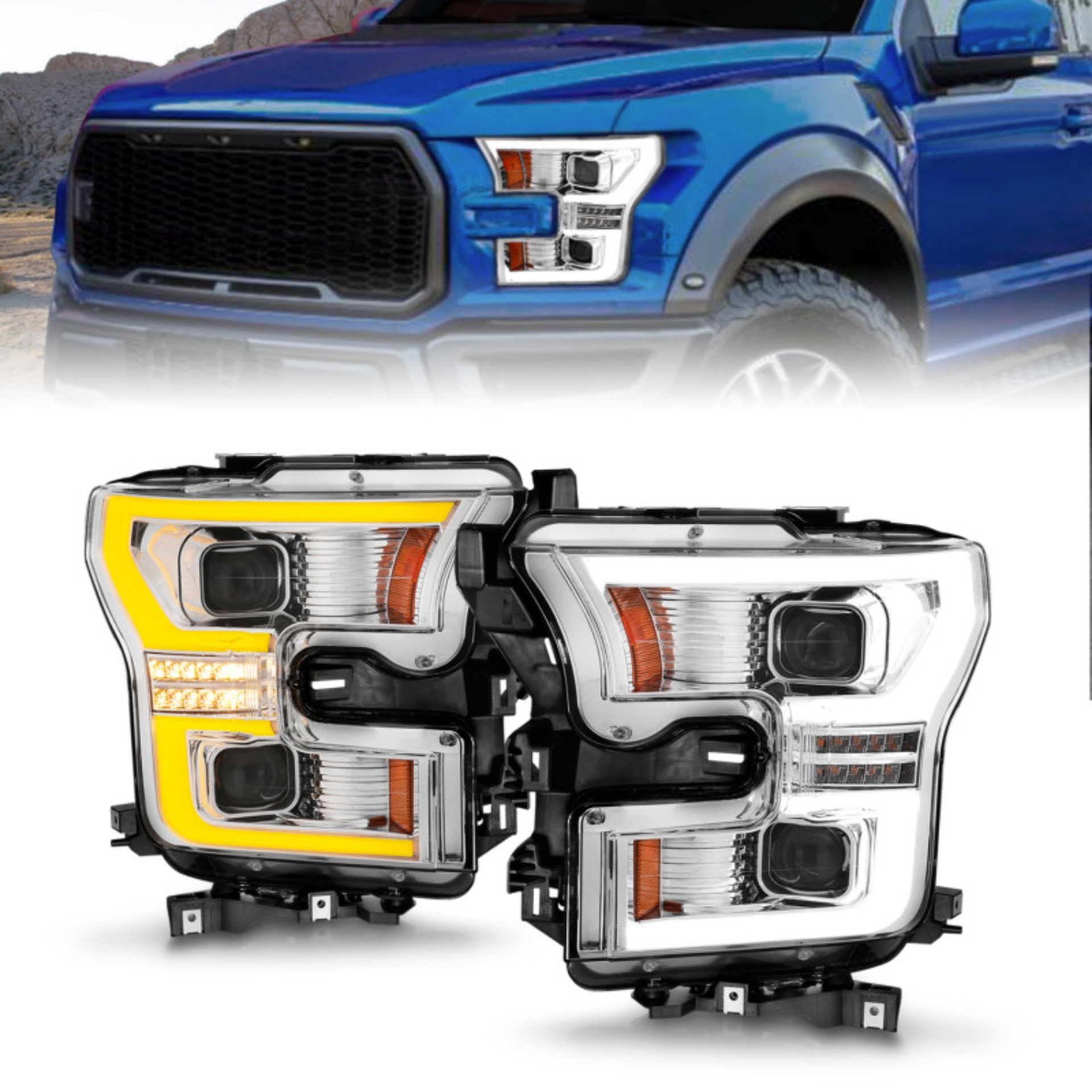 Picture of ANZO 15-17 Ford F-150 LED Projector Headlights - w- Light Bar Switchback Chrome Housing