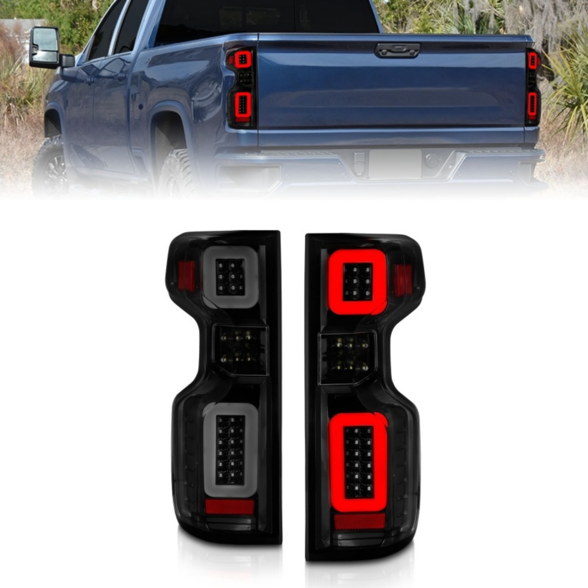 Picture of Anzo 19-21 Chevy Silverado Full LED Tailights Black Housing Smoke Lens G2 w-C Light Bars