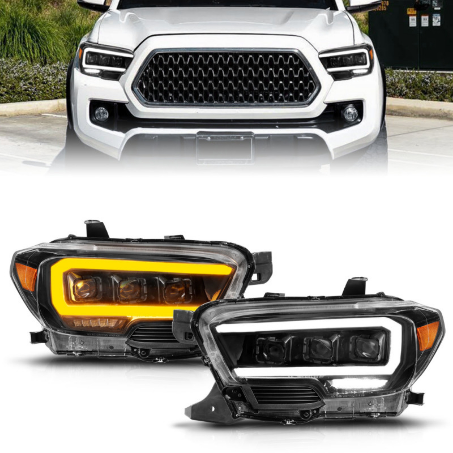 Picture of ANZO 16-22 Toyota Tacoma LED Projector Headlights w- Light Bar Sequential Black Housing w-Initiation
