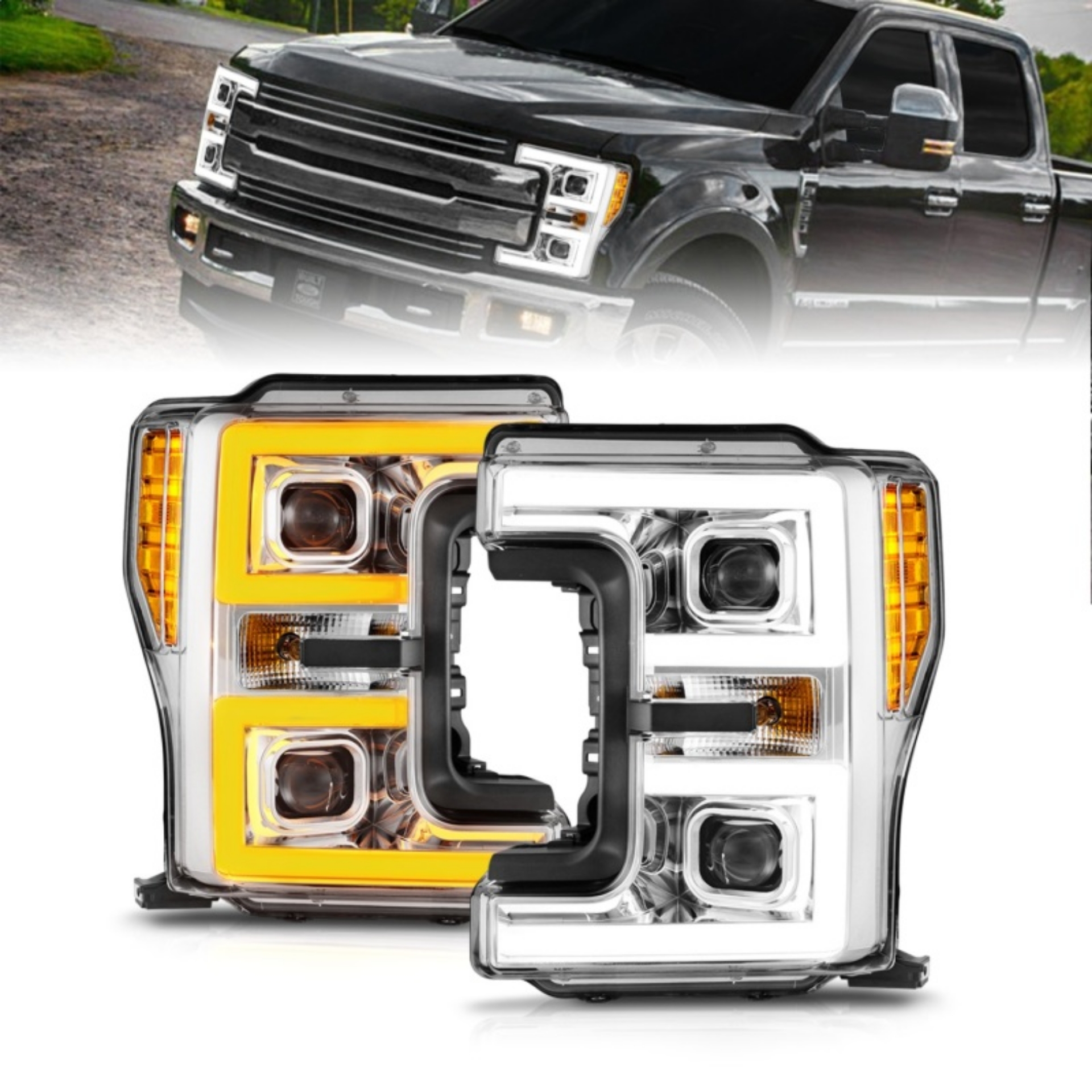 Picture of ANZO 17-19 Ford F-250-350-450 SD w-o Factory LED HL LED Proj Headlights w-Light Bar Switchback Chr