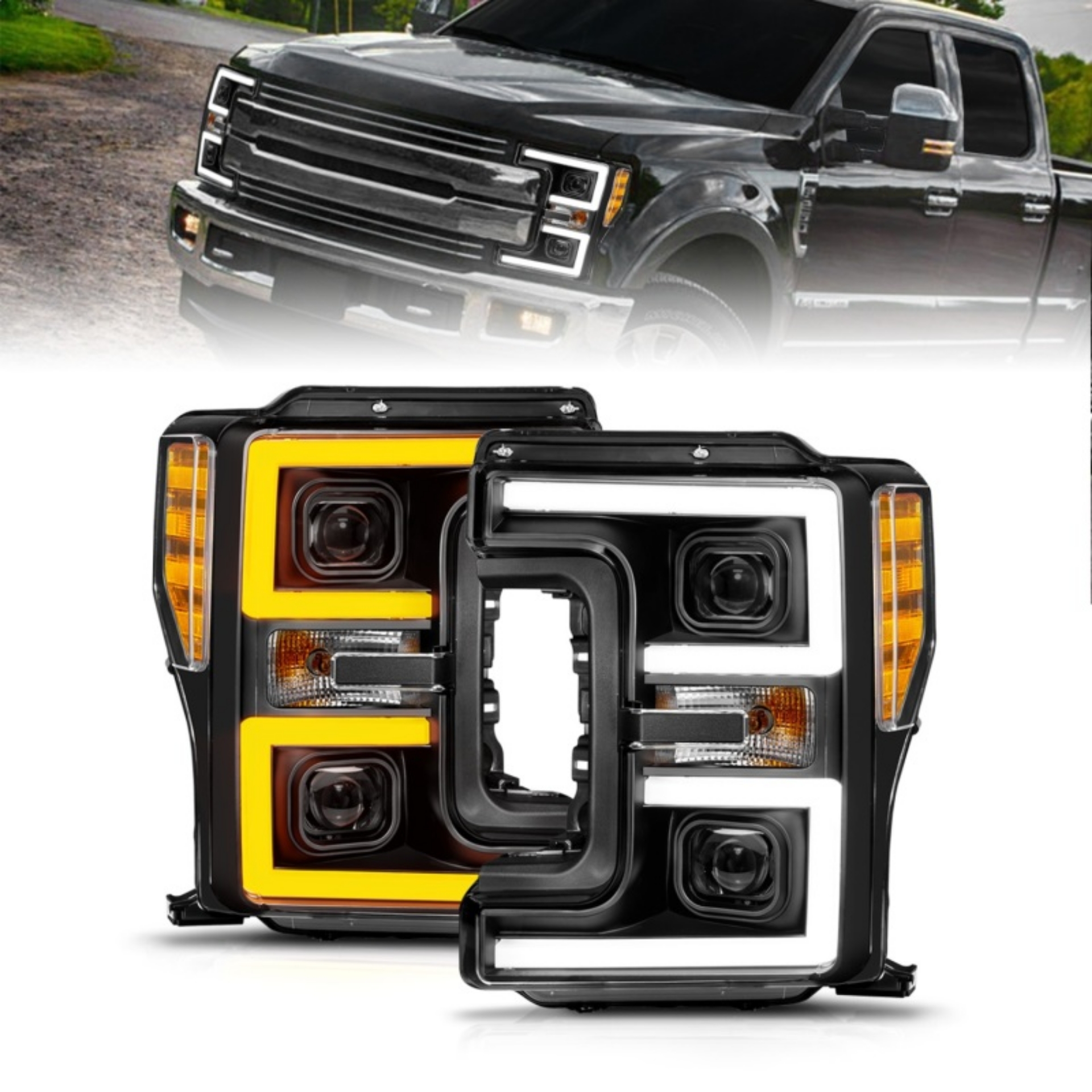 Picture of ANZO 17-19 Ford F-250-350-450 SD w-o Factory LED LED Proj Headlights w-Light Bar Switchback Blk