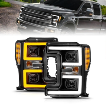 Picture of ANZO 17-19 Ford F-250-350-450 SD w-o Factory LED LED Proj Headlights w-Light Bar Switchback Blk