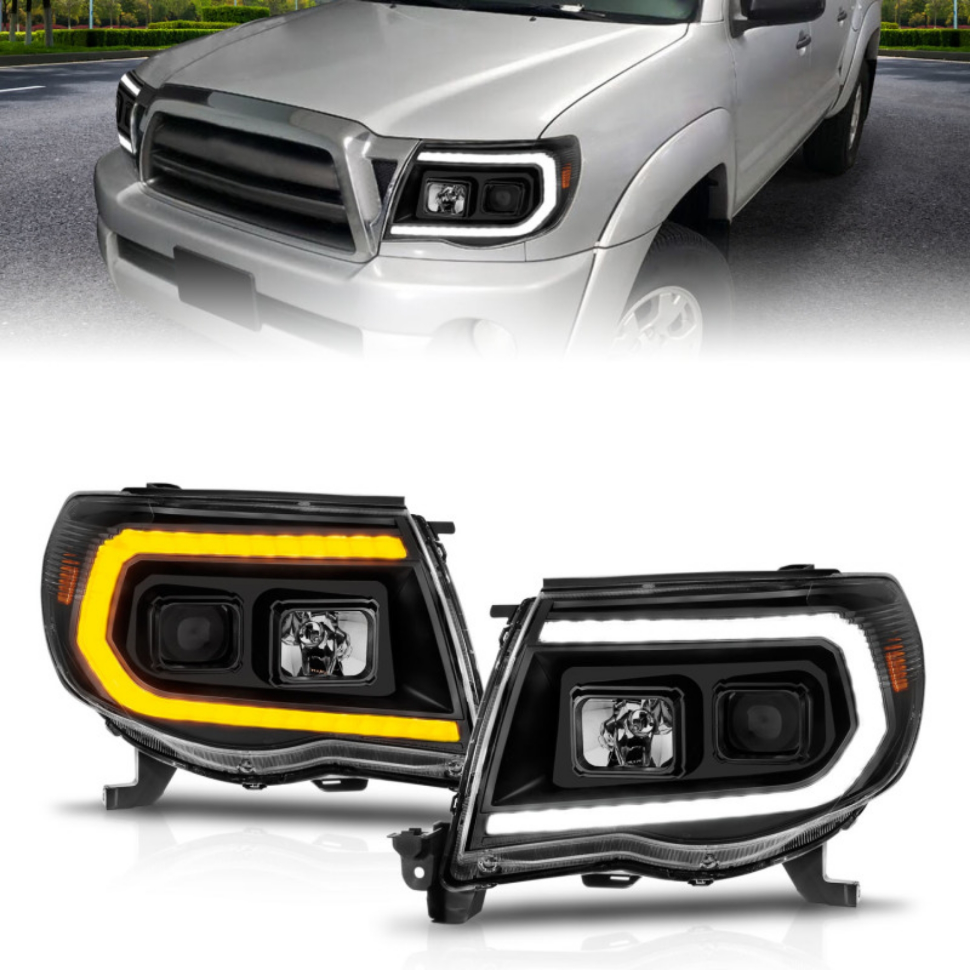 Picture of ANZO 05-11 Toyota Tacoma Projector Headlights w-Light Bar Switchback Black Housing
