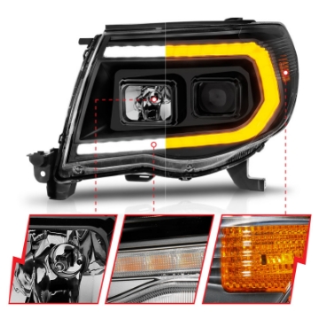 Picture of ANZO 05-11 Toyota Tacoma Projector Headlights w-Light Bar Switchback Black Housing