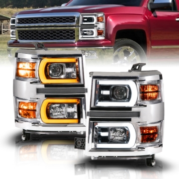 Picture of Anzo 14-15 Chevy Silverado 1500 Chrome Dual Switchback+Sequential LED Tube Sq- Projector Headlights