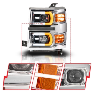 Picture of Anzo 14-15 Chevy Silverado 1500 Chrome Dual Switchback+Sequential LED Tube Sq- Projector Headlights