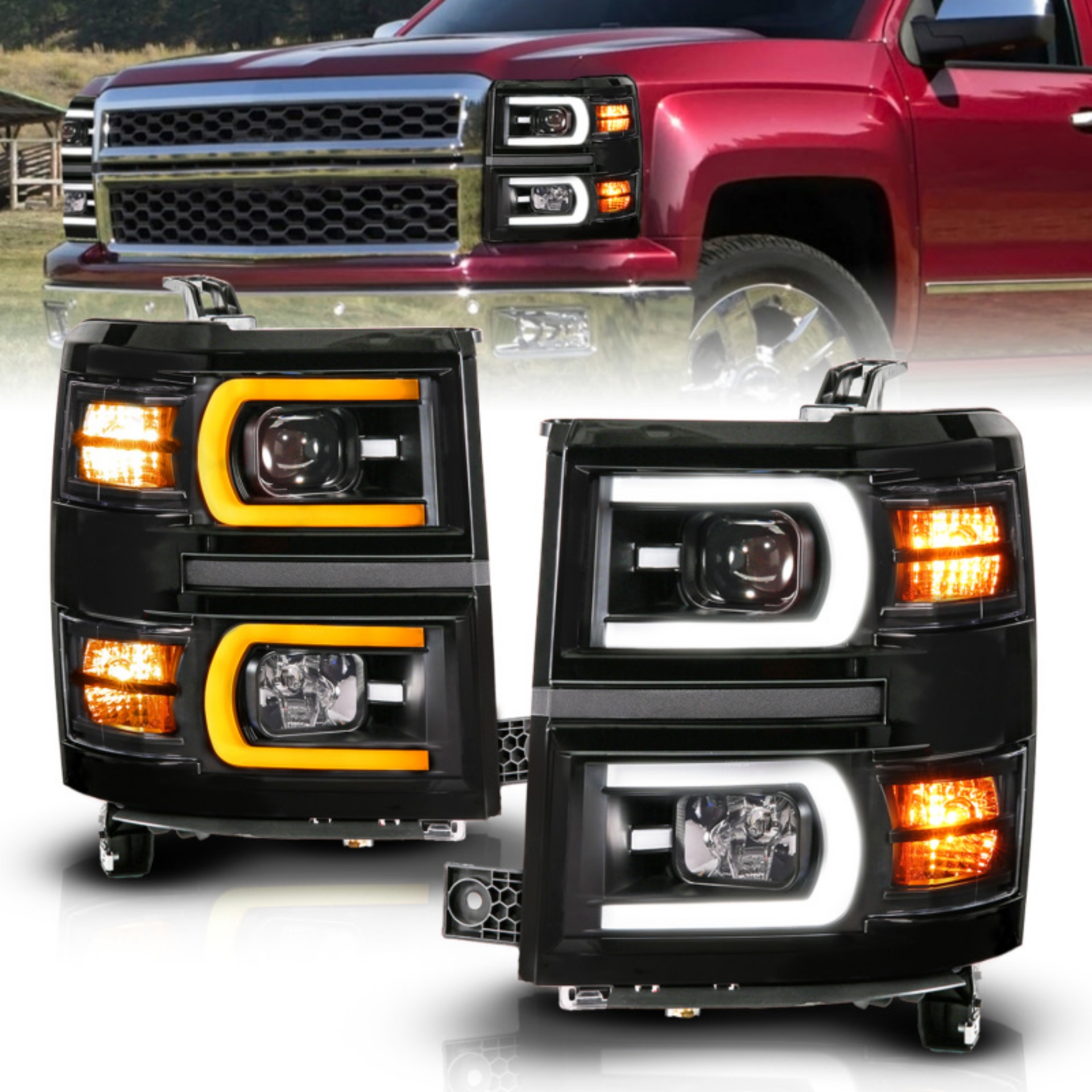 Picture of ANZO 14-15 Chevy Silverado 1500 Black Dual Switchback+Sequential LED Tube Sq- Projector Headlights