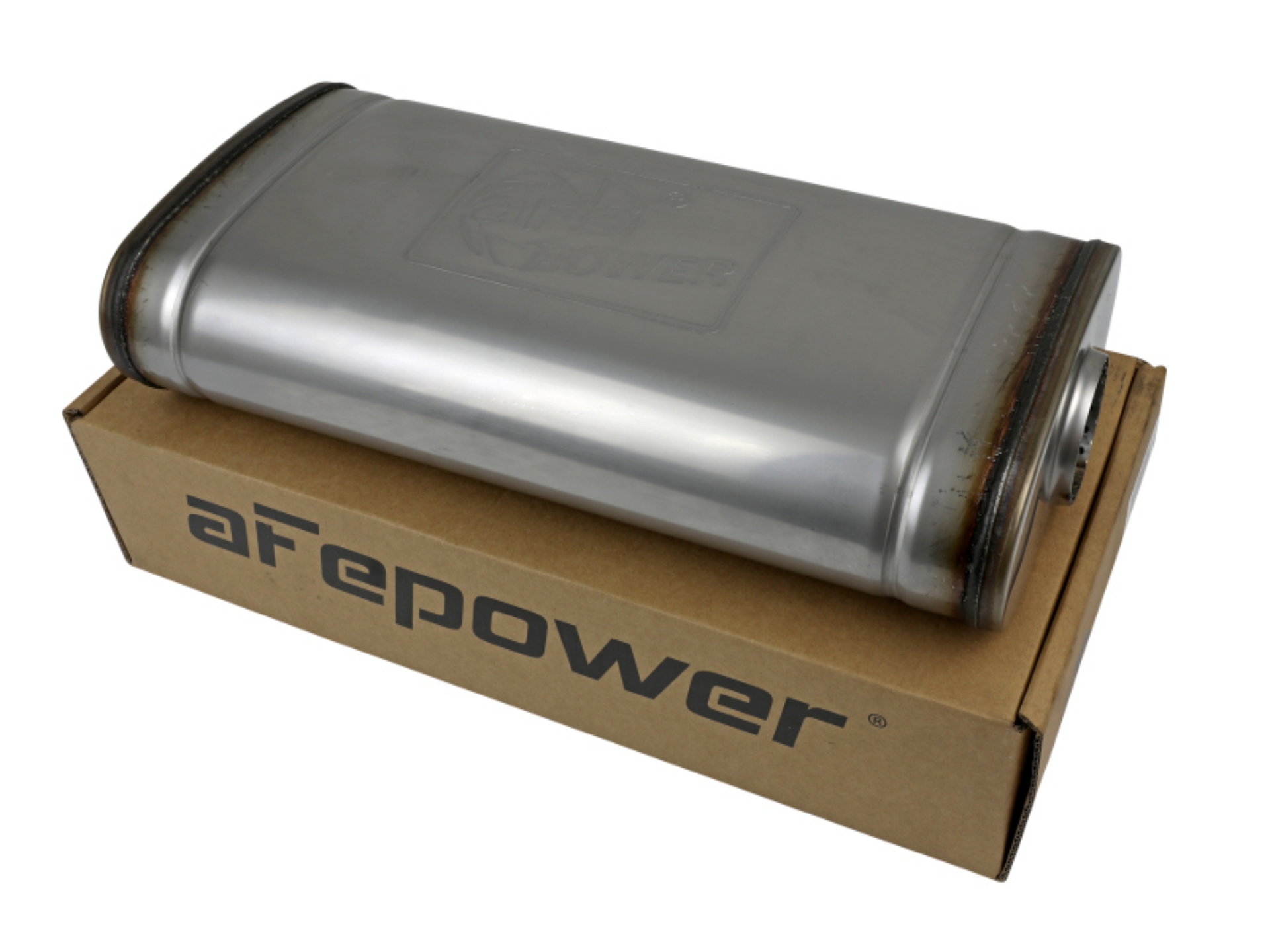 Picture of aFe MACH Force XP 304 Stainless Steel Muffler 2-5in Center-Offset 18in L x 9in W x 4in H