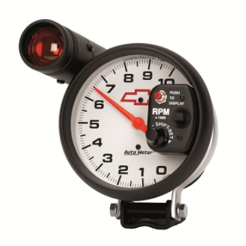 Picture of AutoMeter 5in 127mm Pedestal Tachometer, 0-10,000 RPM, Chevy Red Bowtie