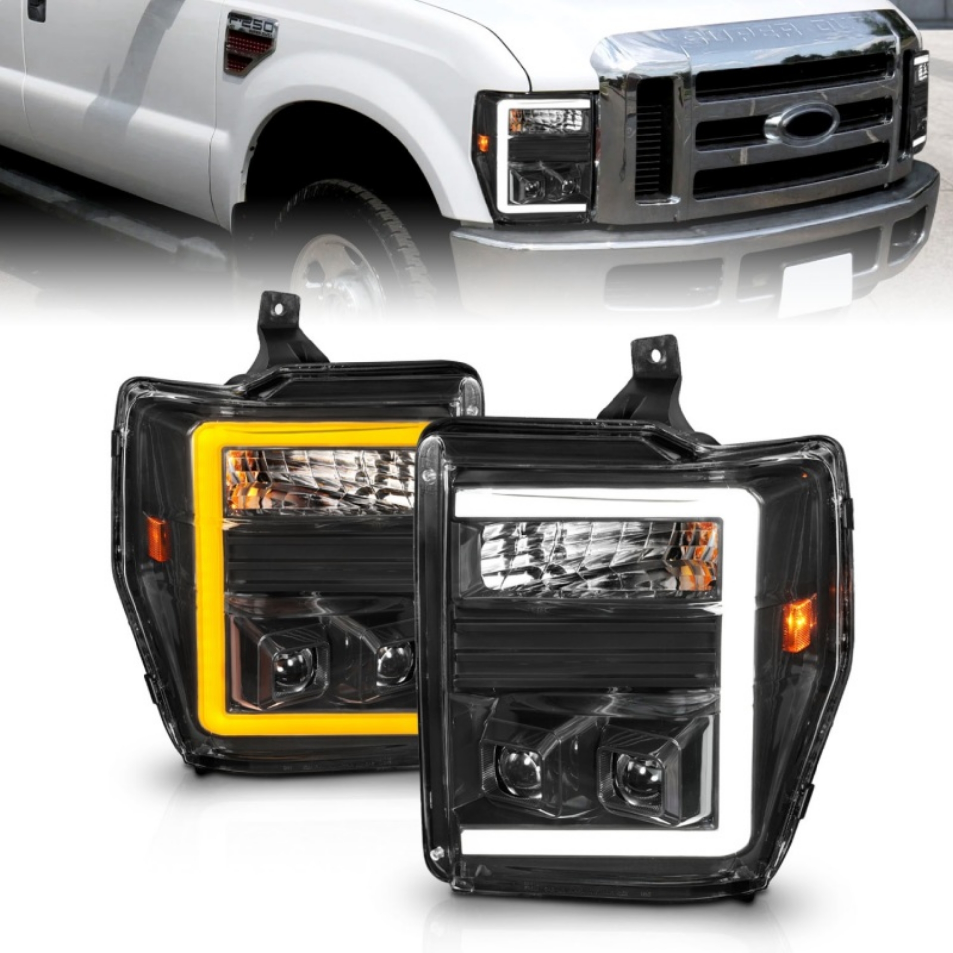 Picture of ANZO 08-10 Ford F-250 - F-550 Super Duty Projector Headlights w- Light Bar Switchback Black Housing