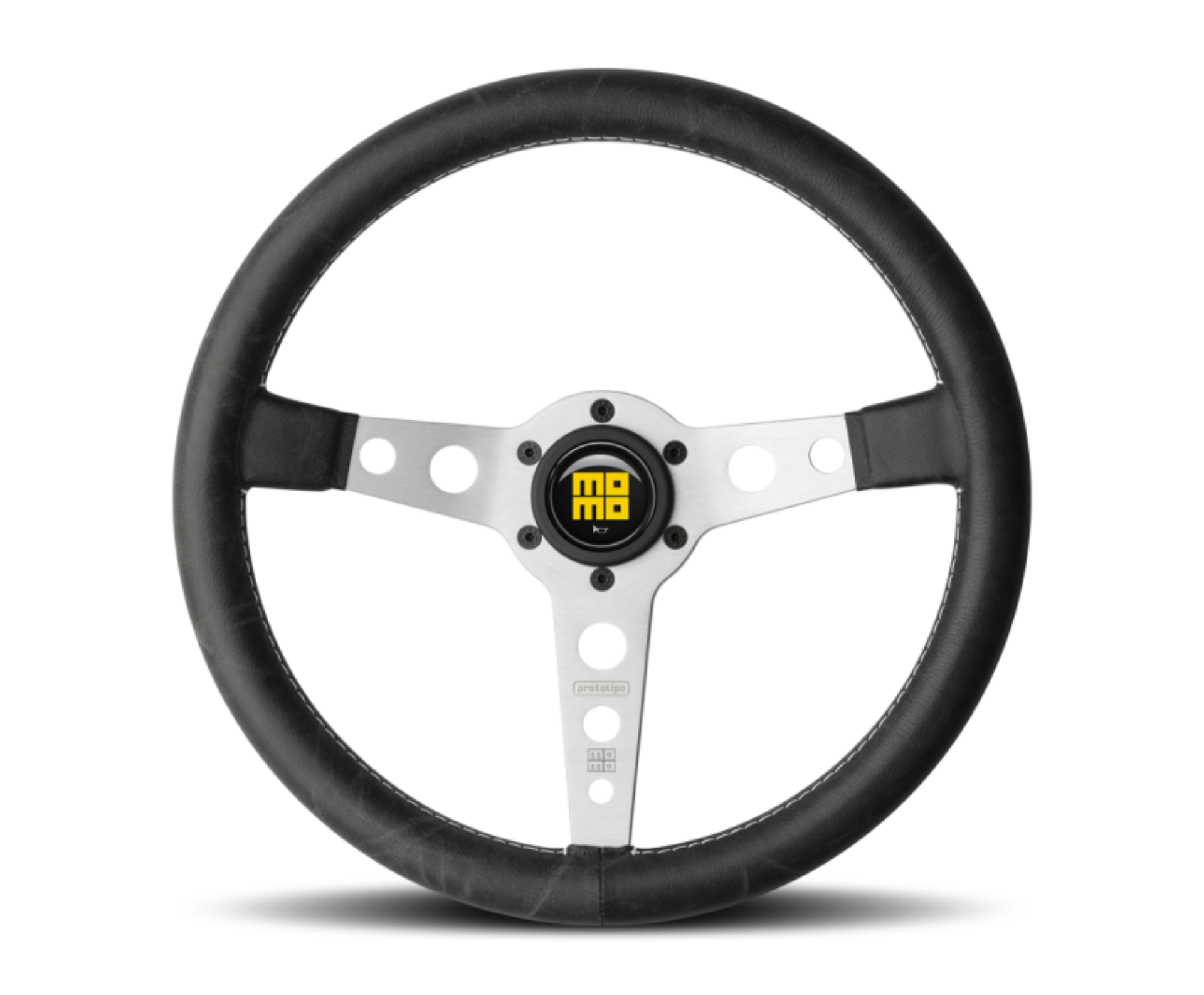 Picture of Momo Prototipo Steering Wheel 350 mm - Black Leather-White Stitch-Brushed Spokes
