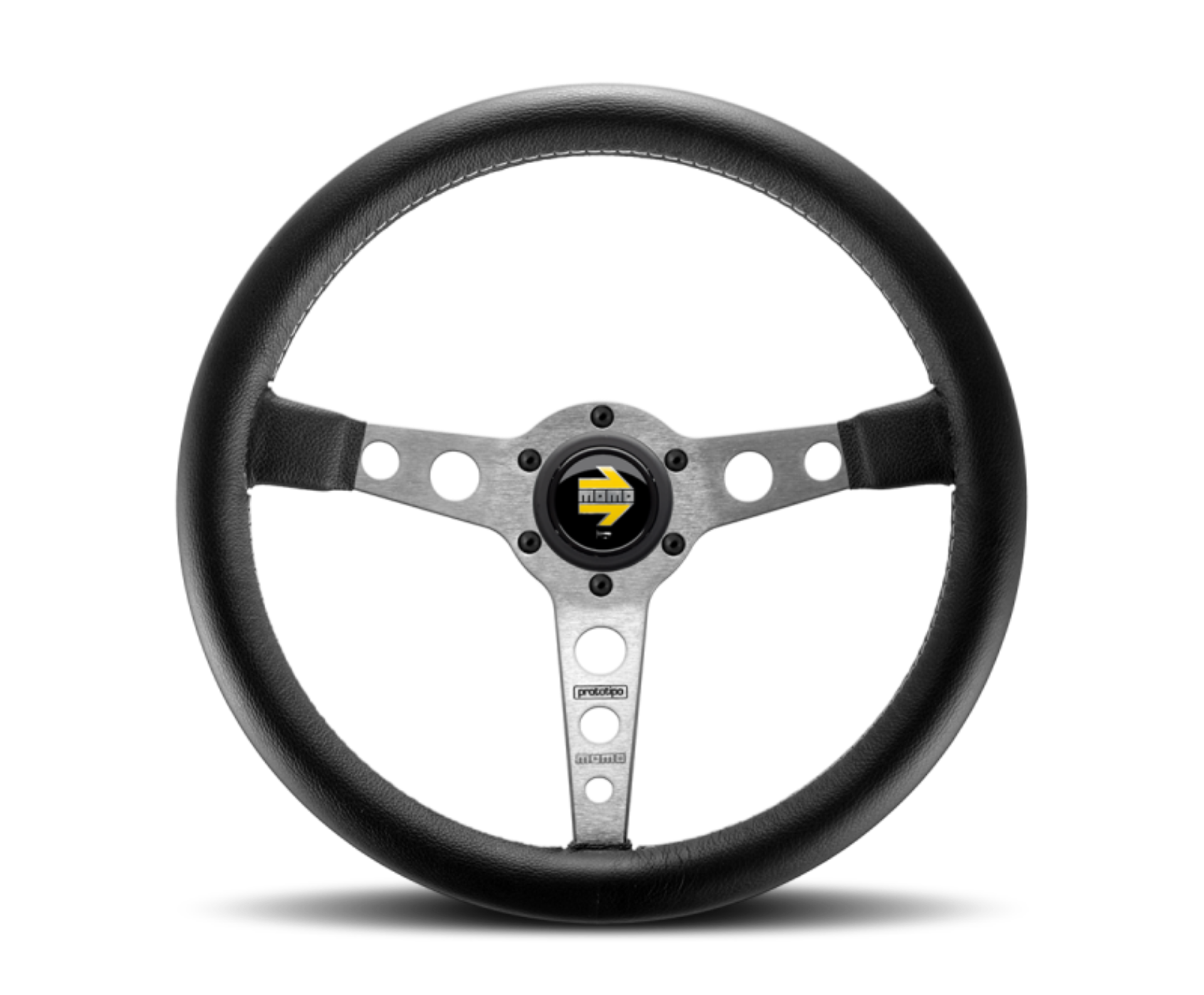 Picture of Momo Prototipo Steering Wheel 350 mm - Black Leather-Wht Stitch-Brushed Spokes