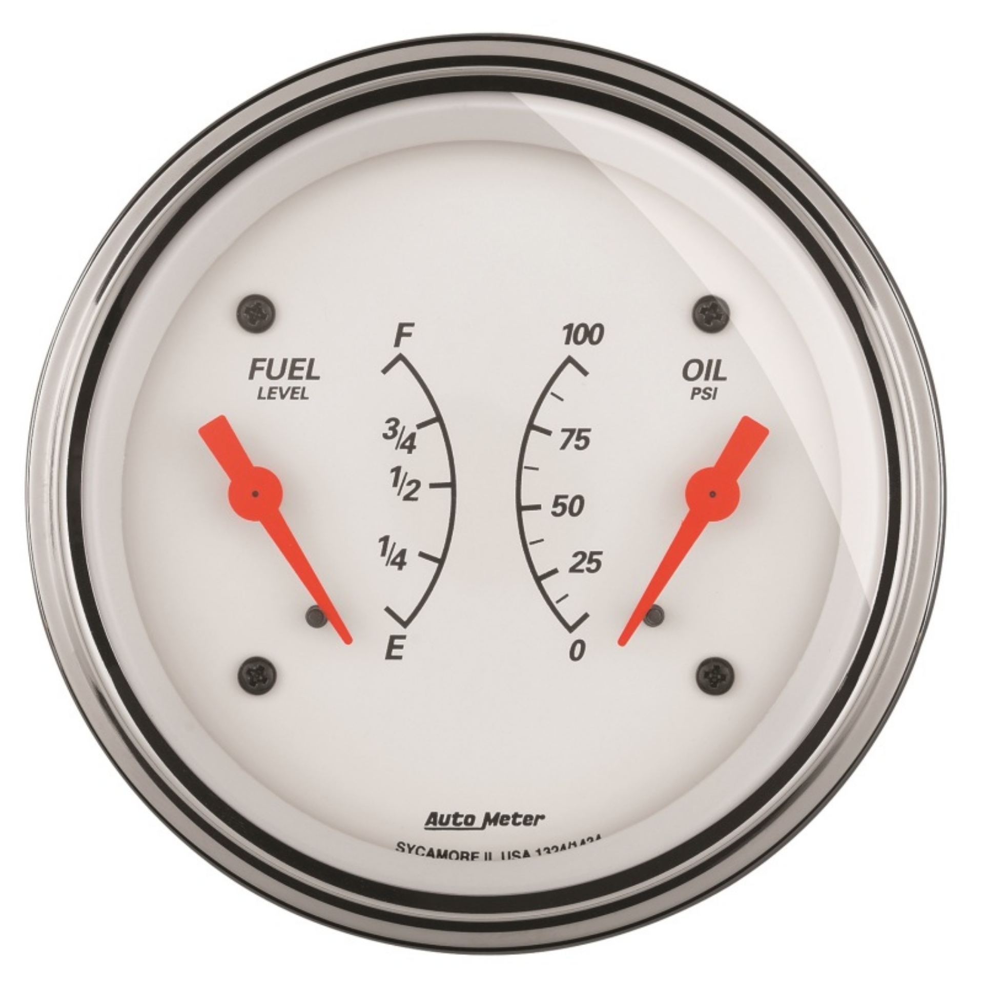 Picture of AutoMeter Gauge Dual Fuel & Oilp 3-3-8in- 0 Ohme to 90 Ohmf& 100PSI Elec Arctic White