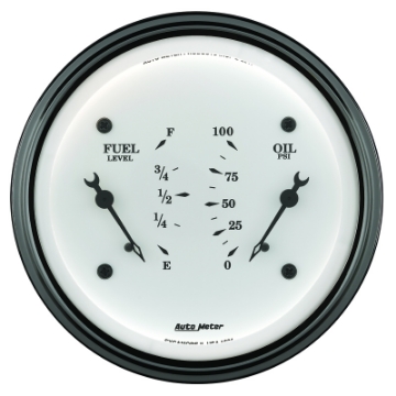 Picture of AutoMeter Gauge Dual Fuel & Oilp 3-3-8in- 240 Ohme to 33 Ohmf & 100PSI Elec Old Tyme Wht