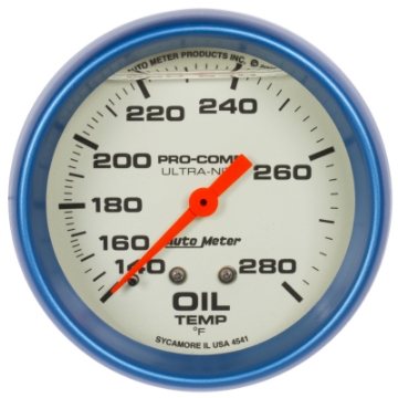 Picture of AutoMeter Gauge Oil Temp 2-5-8in- 140-280 Deg- F Liquid Filled Mech Glow In Dark Ultra-Nite