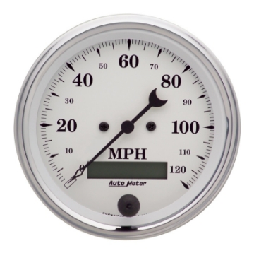 Picture of AutoMeter Gauge Speedo- 3-3-8in- 120MPH Elec- Prog- W- Lcd Odo Old Tyme White