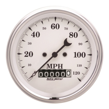 Picture of AutoMeter Gauge Speedo- 3-3-8in- 120MPH Elec- Prog- W- Wheel Odo Old Tyme White