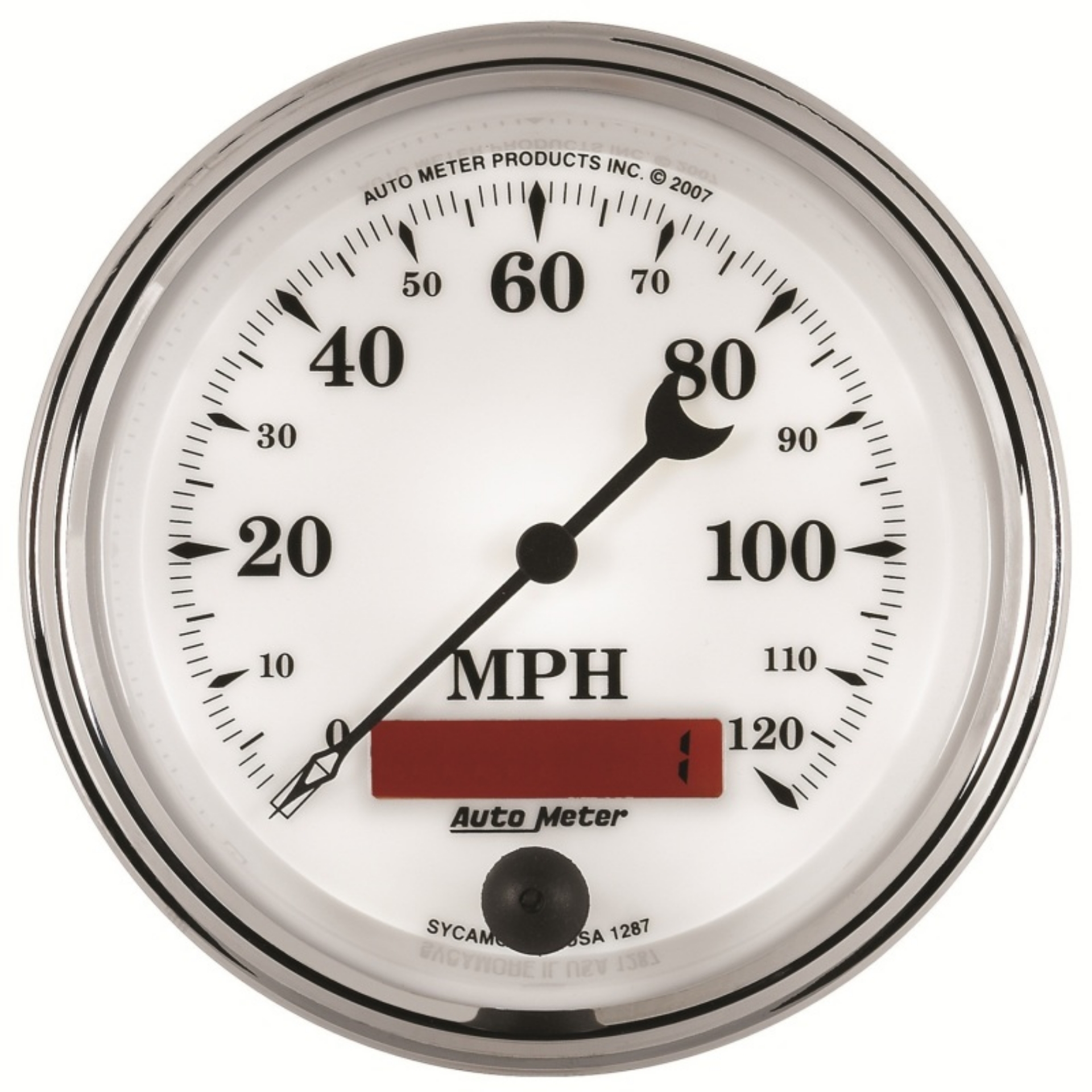 Picture of AutoMeter Gauge Speedometer 3-3-8in- 120MPH Elec- Prog- W- Lcd Odo Old Tyme Wht II