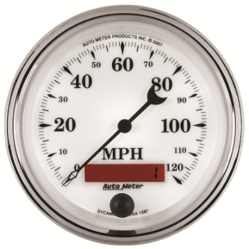 Picture of AutoMeter Gauge Speedometer 3-3-8in- 120MPH Elec- Prog- W- Lcd Odo Old Tyme Wht II