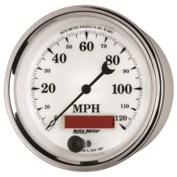 Picture of AutoMeter Gauge Speedometer 3-3-8in- 120MPH Elec- Prog- W- Lcd Odo Old Tyme Wht II