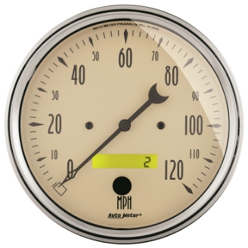 Picture of AutoMeter Gauge Speedometer 5in- 120MPH Elec- Prog- W- Lcd Odo Antique Beige