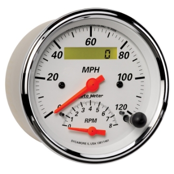 Picture of AutoMeter Gauge Tach-Speedo 3-3-8in- 120MPH & 8K RPM Elec- Program- Arctic White