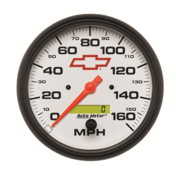 Picture of AutoMeter Gauge Speedometer 5in- 160MPH Elec- Programmable Chevy Red Bowtie White