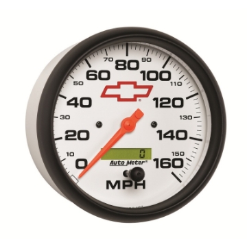 Picture of AutoMeter Gauge Speedometer 5in- 160MPH Elec- Programmable Chevy Red Bowtie White