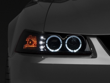Picture of Raxiom 99-04 Ford Mustang Dual LED Halo Projector Headlights- Black Housing Smoked Lens