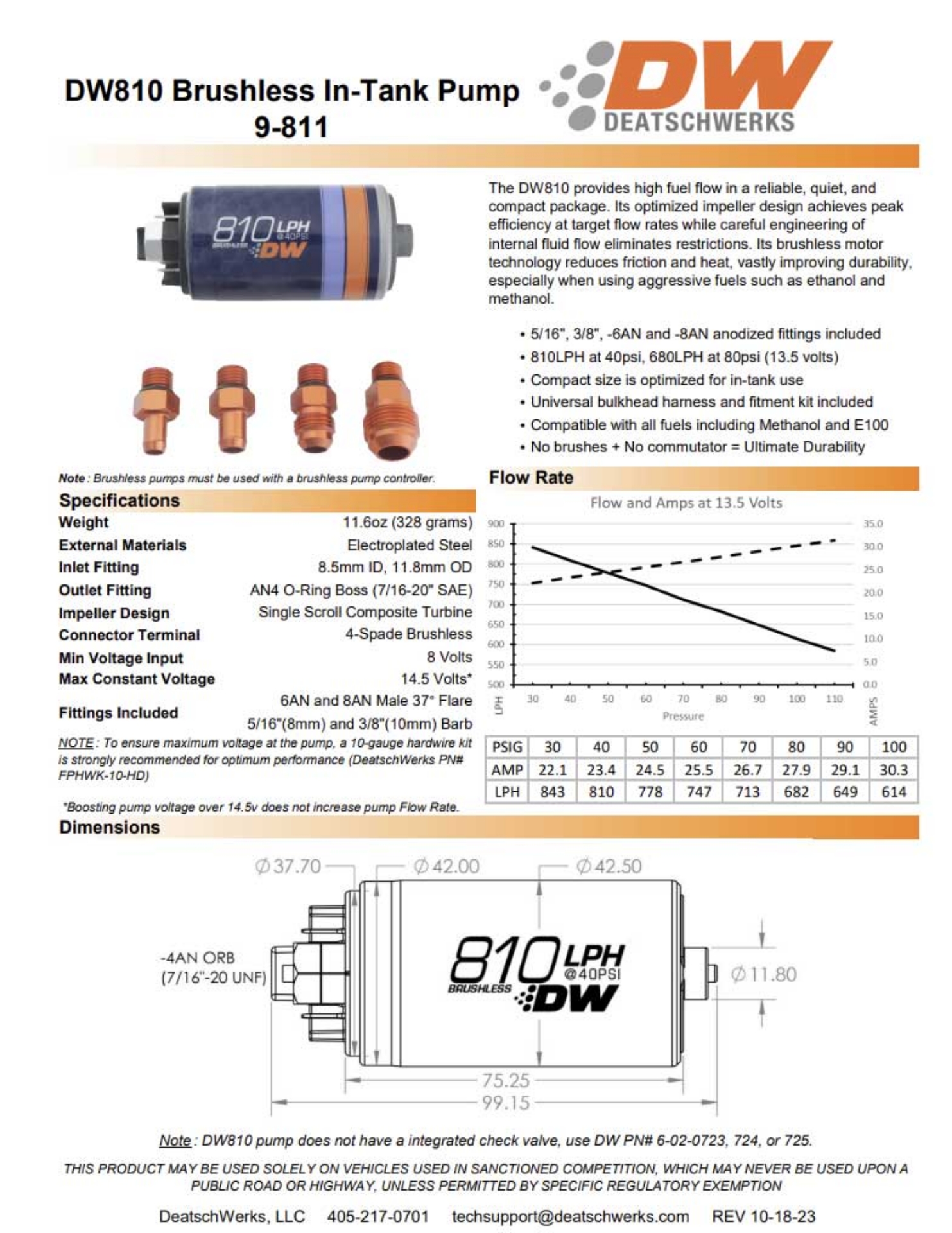 Picture of DeatschWerks DW810 Brushless 810lph In-Tank Brushless Fuel Pump w- 9-1002 + Dual Speed Controller