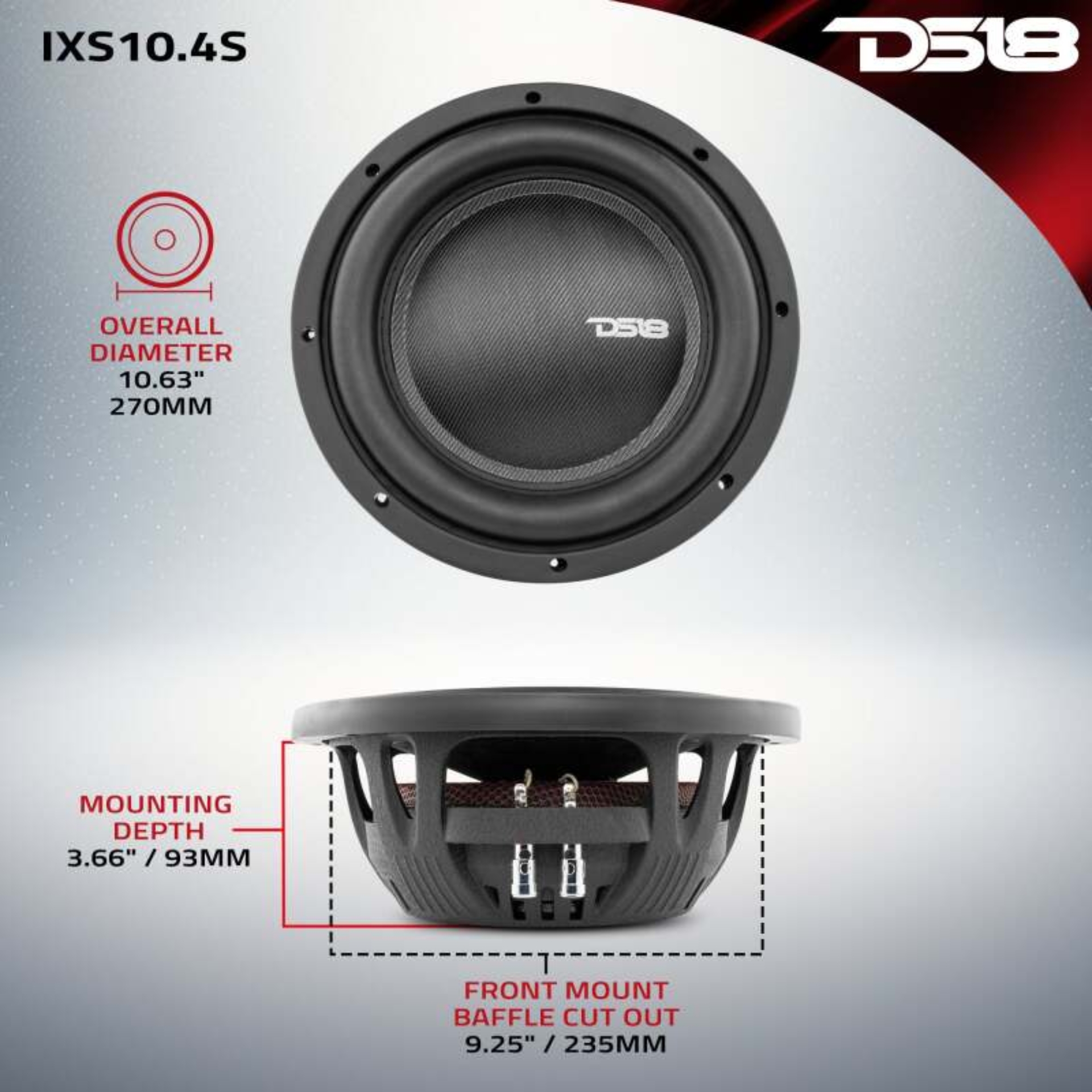Picture of DS18 10in 600 Watts RMS 4 ohm SVC Shallow Mount Fiber Glass Subwoofer IXS Series