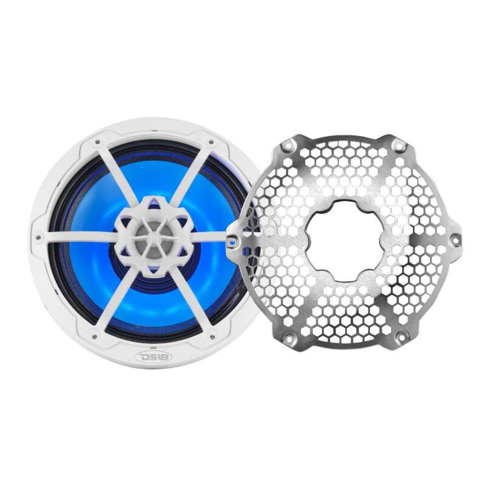 Picture of DS18 Hybrid Marine Speaker w/ Driver And RGB LEDs 8in 2-Way 350 Watts RMS 4 ohm White w/ Covers