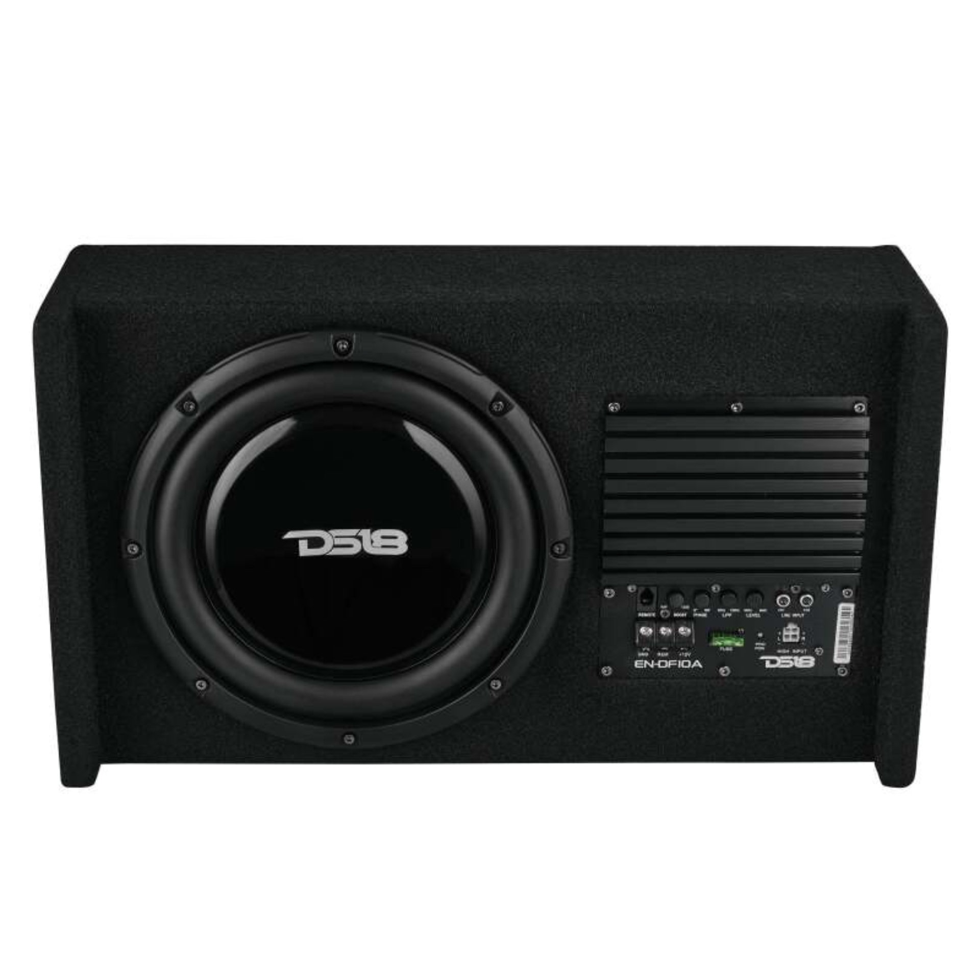 Picture of DS18 Single 10in Shallow Subwoofer & Enclosure 300 Watt RMS Downfiring Sealed Black Carpet Amplified