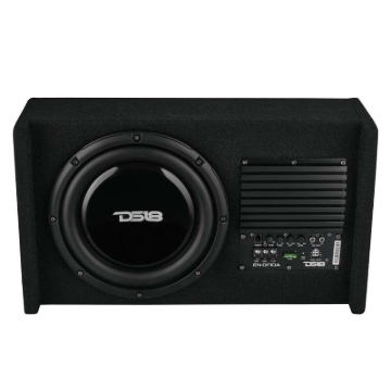 Picture of DS18 Single 10in Shallow Subwoofer & Enclosure 300 Watt RMS Downfiring Sealed Black Carpet Amplified