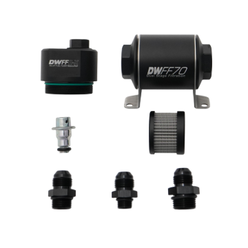 Picture of DeatschWerks DWFFR-X 70mm Billet Fuel Filter Regulator - 10 Micron with 8AN Fittings