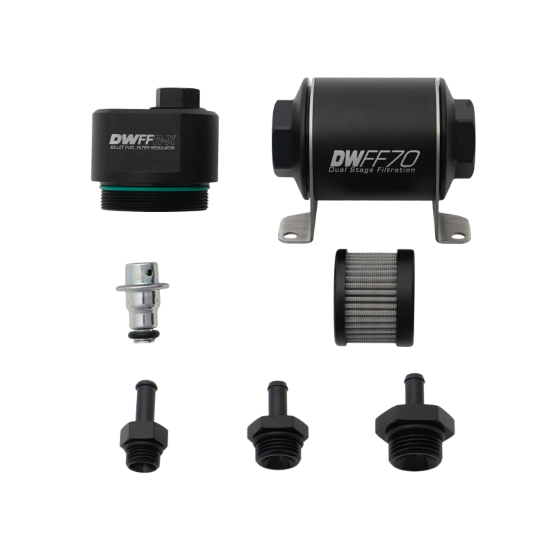 Picture of DeatschWerks DWFFR-X 70mm Billet Fuel Filter Regulator - 10 Micron with 5/16in Fittings