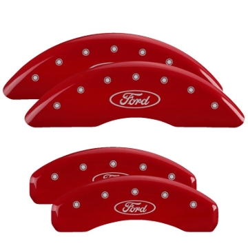 Picture of MGP 4 Caliper Covers Engraved Front & Rear 24-25 Ford Mustang GT Red Finish Silver Ford Oval Logo